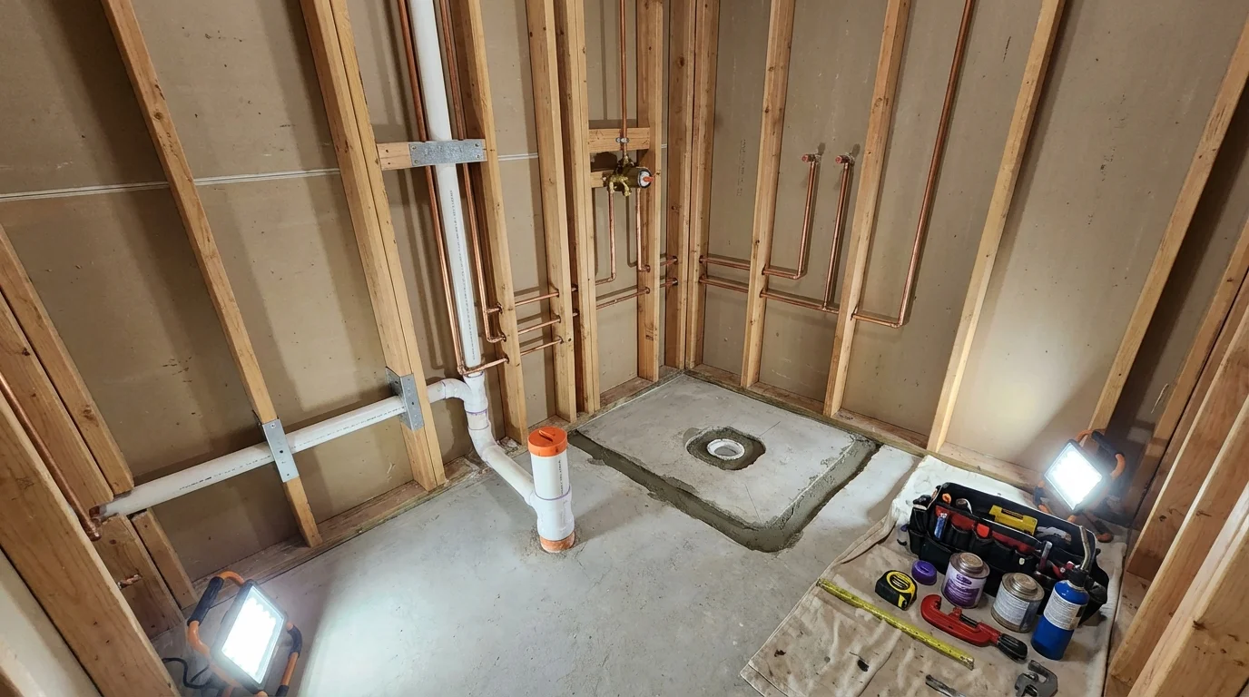 Bathroom rough-in plumbing during remodel by Johns Plumbing LLC in Belford