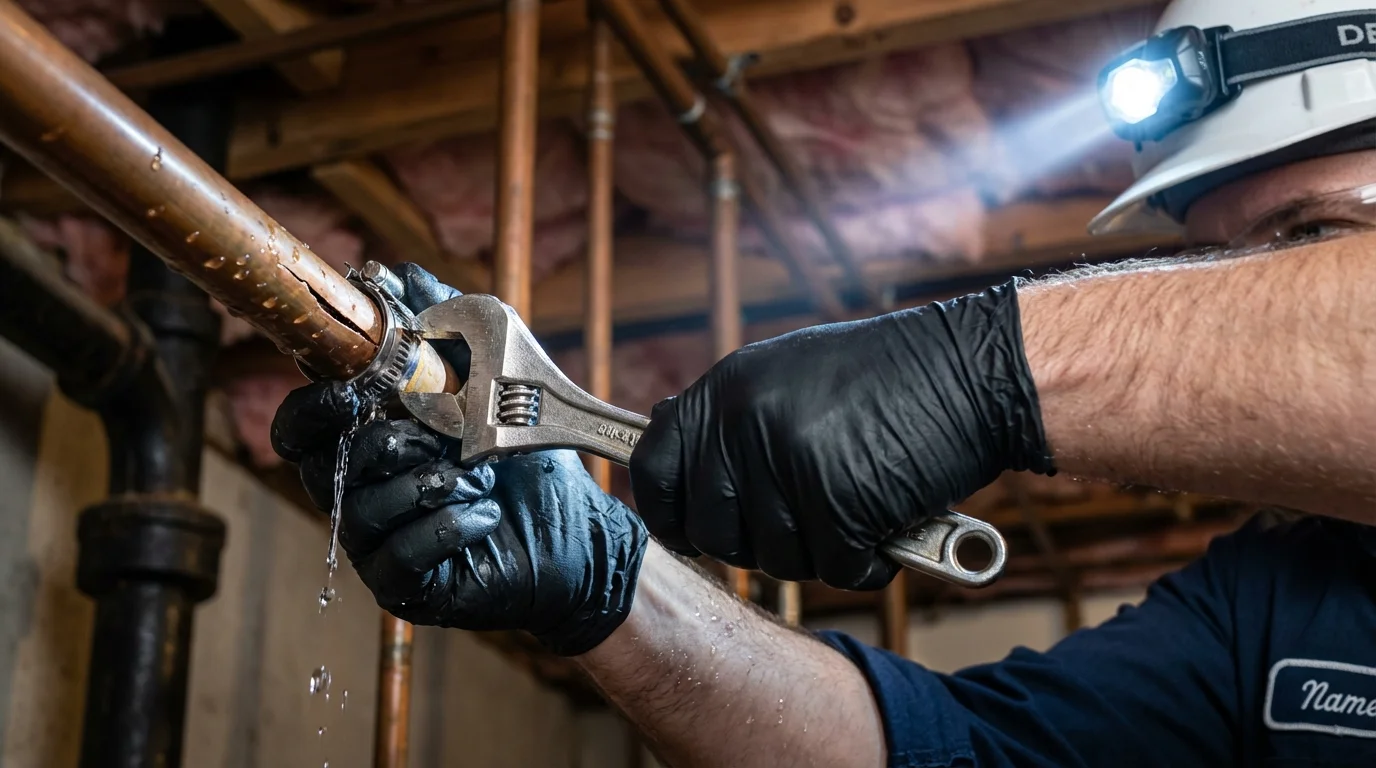 Emergency pipe clamp repair being performed by a Johns Plumbing LLC plumber in Belford