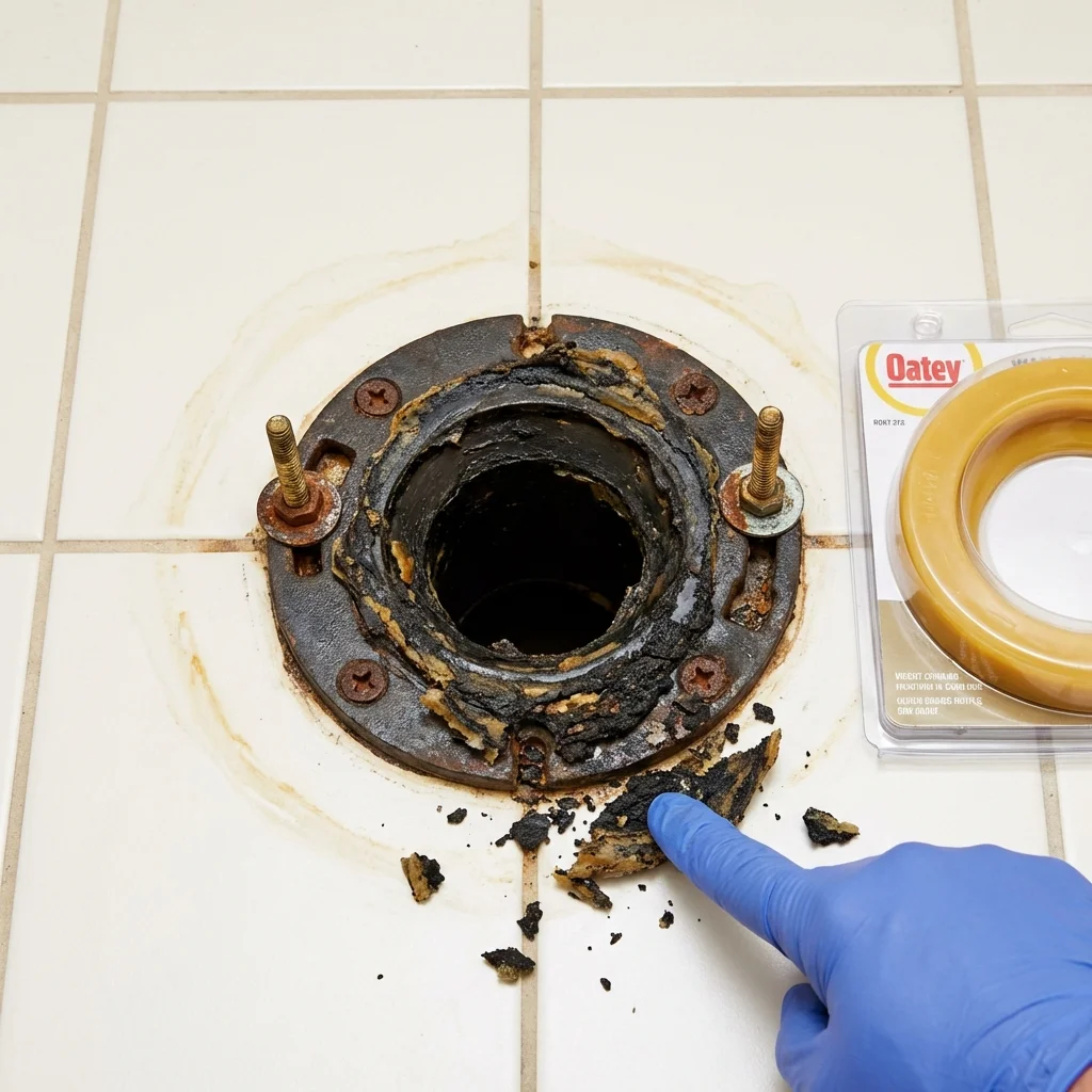 Failed wax ring showing water seepage at the base of a toilet in a Belford, NJ home