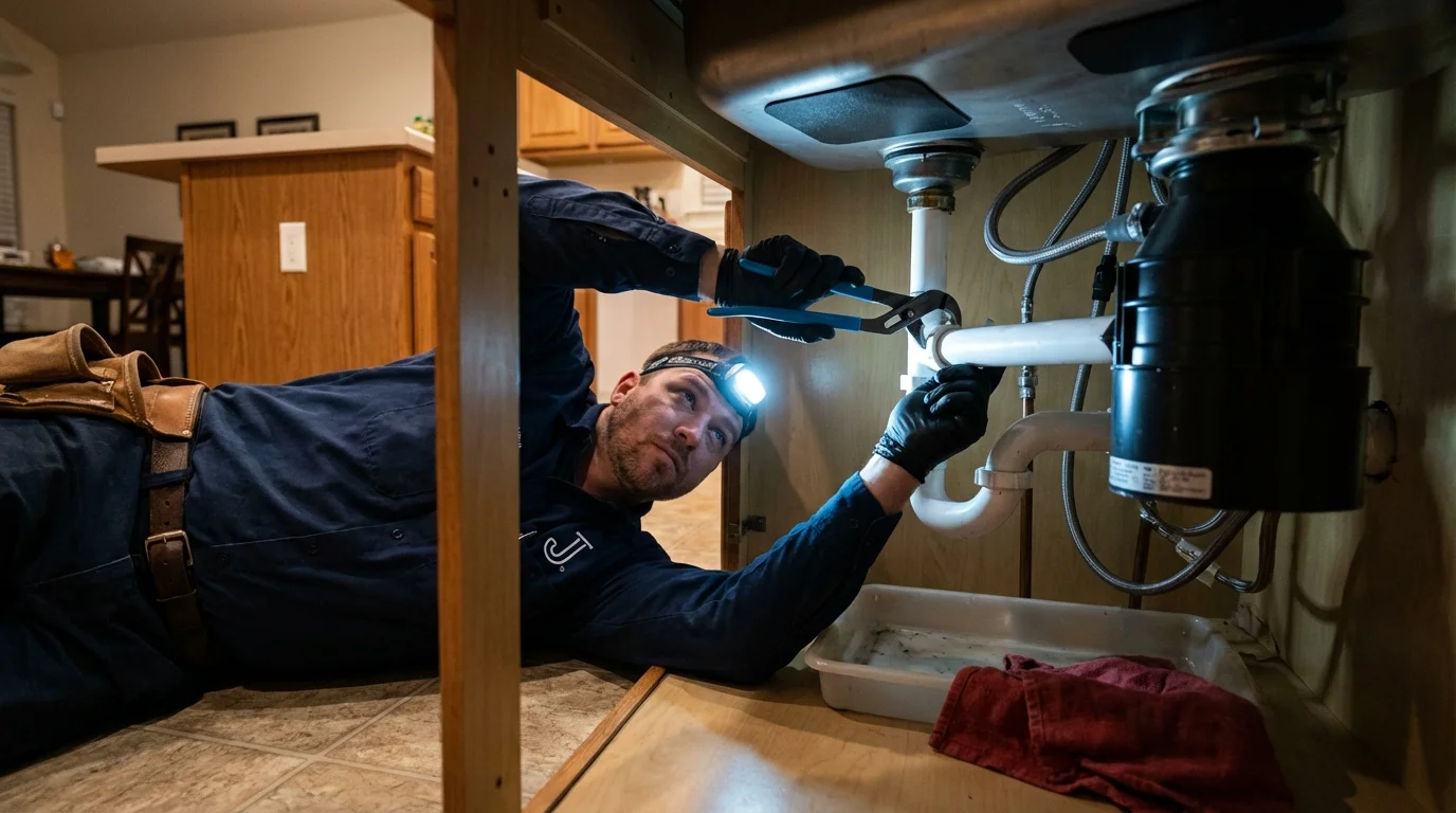 P-trap and supply line connections under a kitchen sink showing a common leak point in Belford, NJ